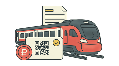 Поезд Аэроэкспресс, электронный билет с QR-кодом и отметкой об оплате, счёт и монета с символом рубля